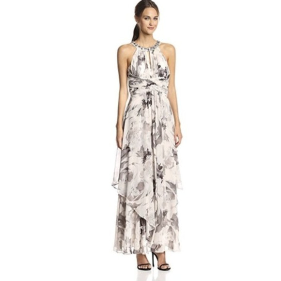 NWT Eliza J Ivory Gray Floral Print Tiered Halter Evening Formal Maxi Dress Sz 6 - Picture 2 of 10